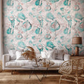 Turquoise Leaf Floral Pattern Autumn Wall Mural