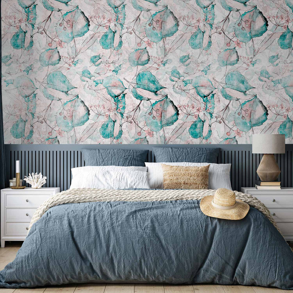 Turquoise Leaf Floral Pattern Autumn Wall Mural