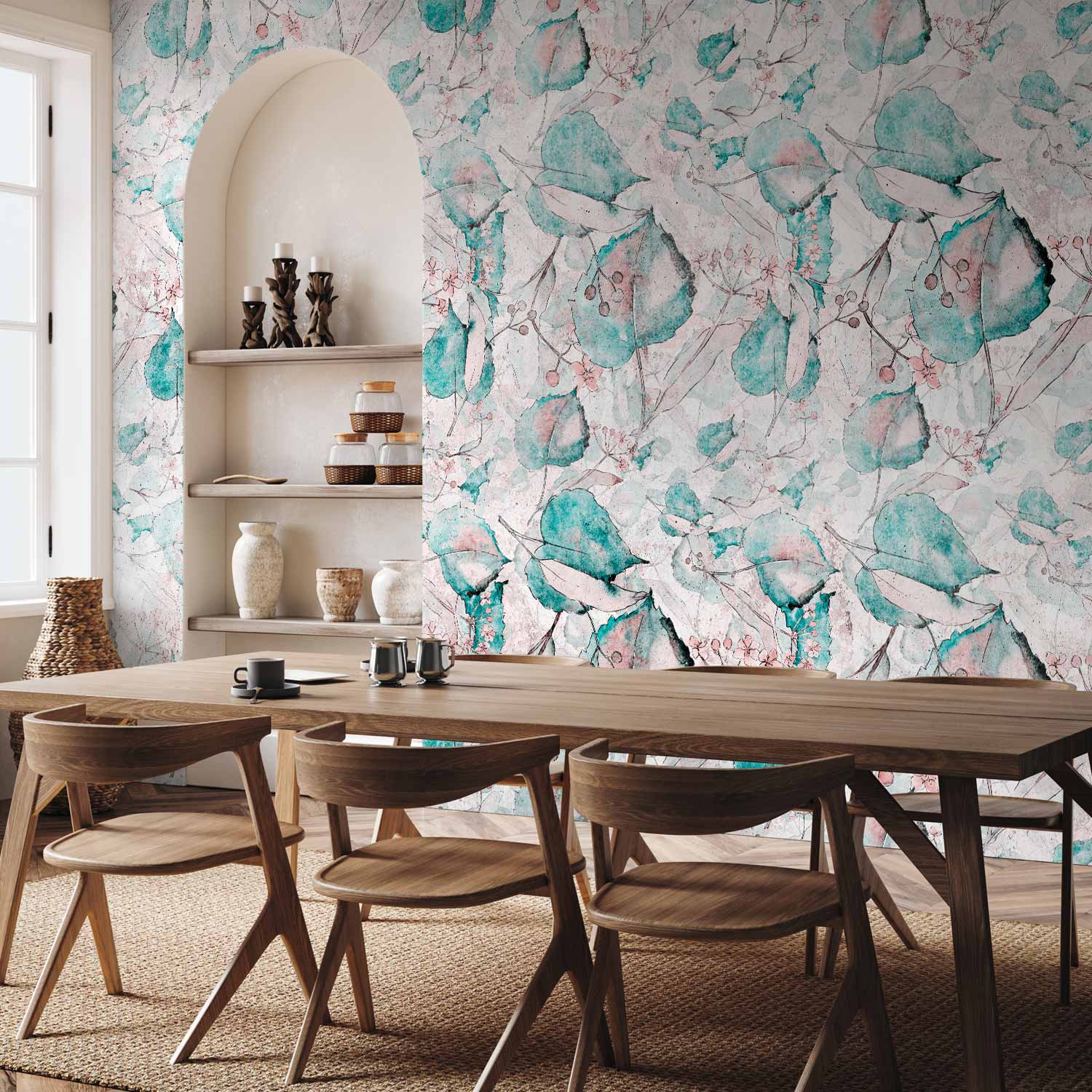 Turquoise Leaf Floral Pattern Autumn Wall Mural