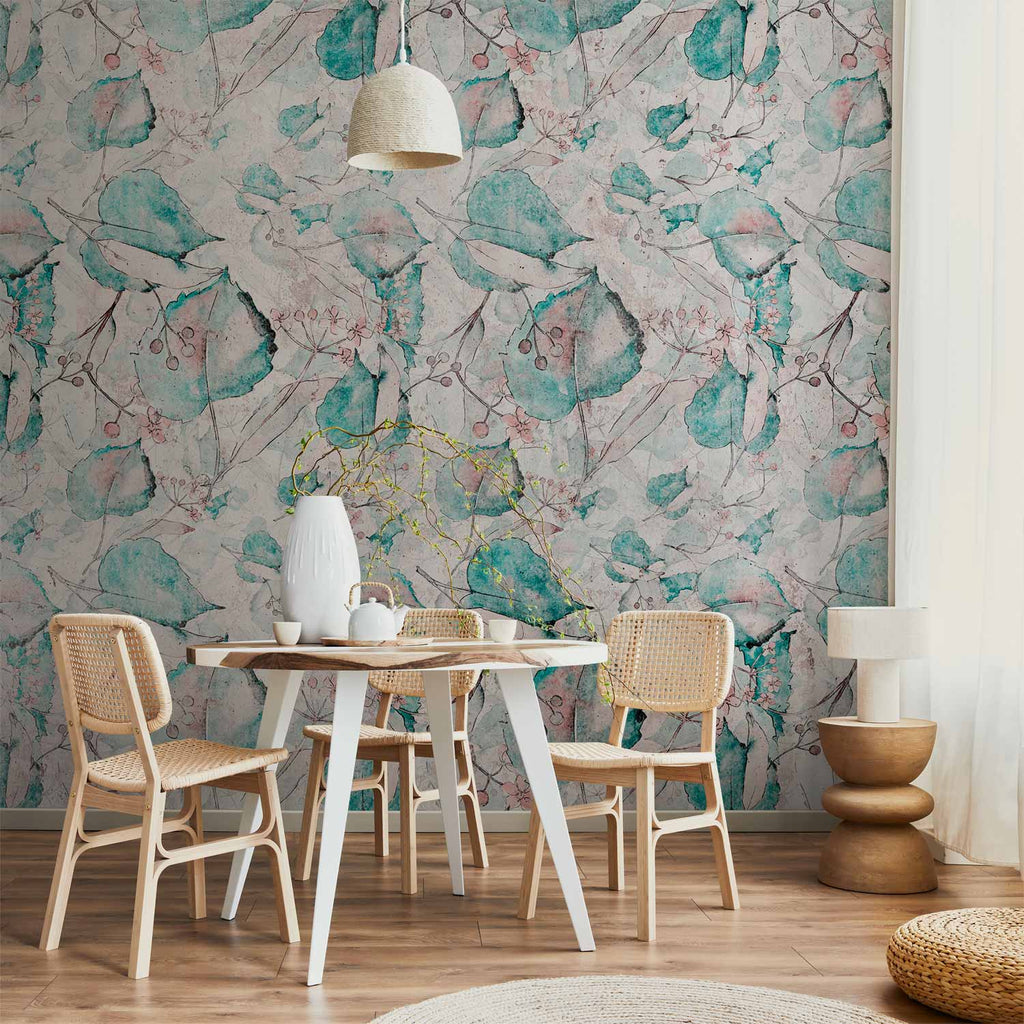 Wall Mural Autumn Leaves Turquoise Pattern