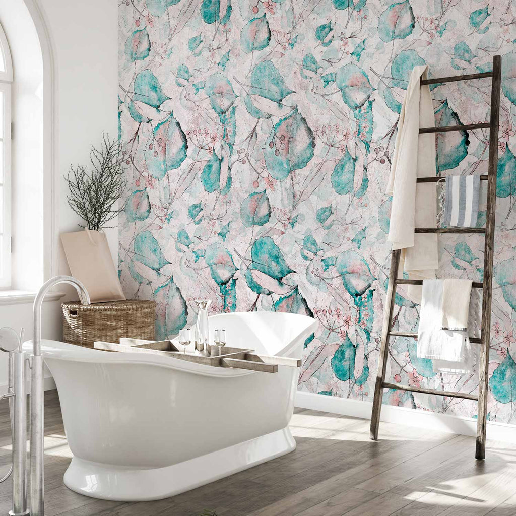 Turquoise Leaf Floral Pattern Autumn Wall Mural