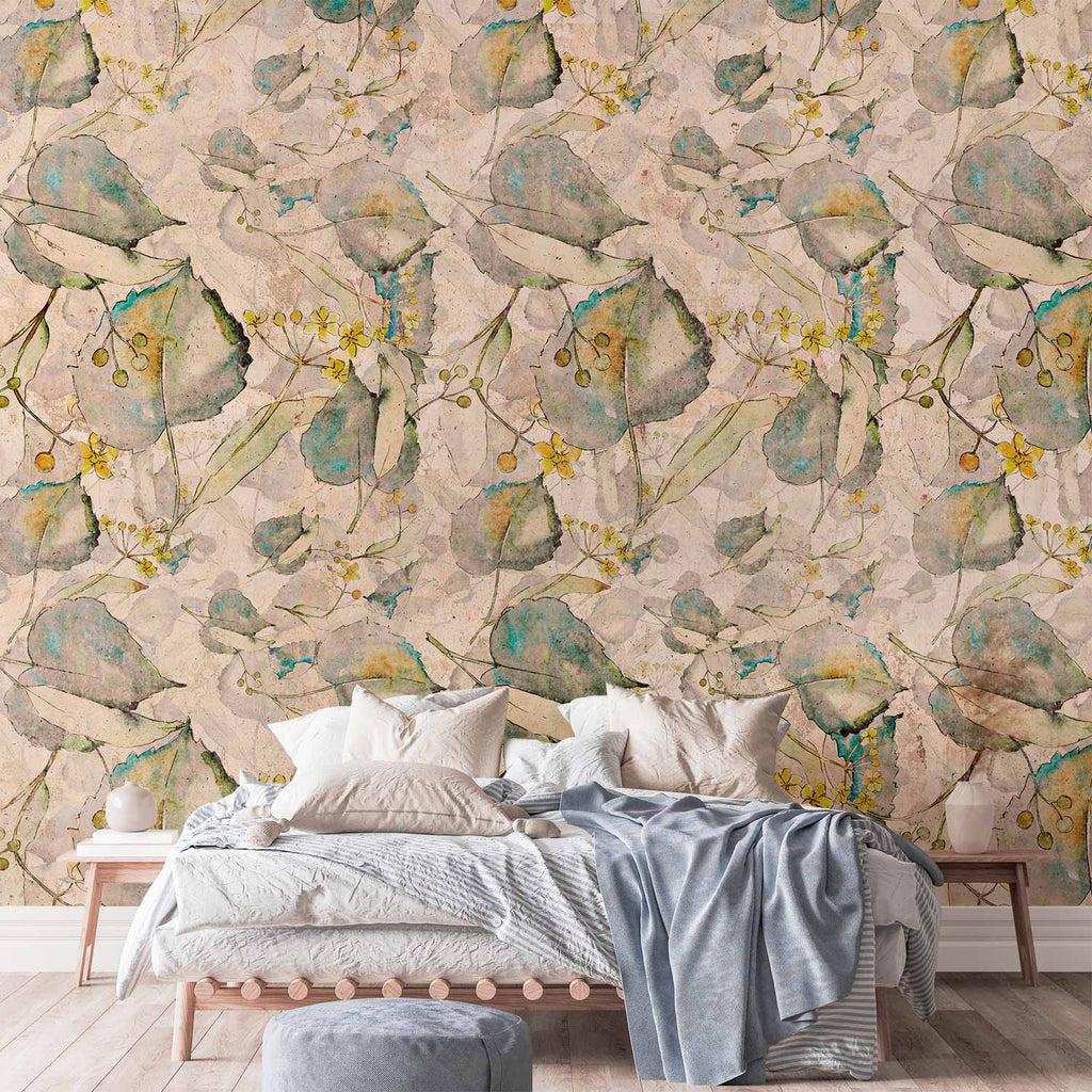 Green and Yellow Autumn Leaves Floral Wall Mural