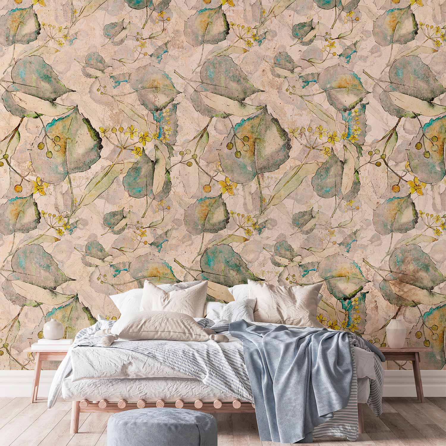 Green and Yellow Autumn Leaves Floral Wall Mural