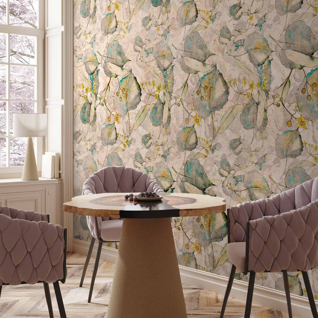 Green and Yellow Autumn Leaves Floral Wall Mural