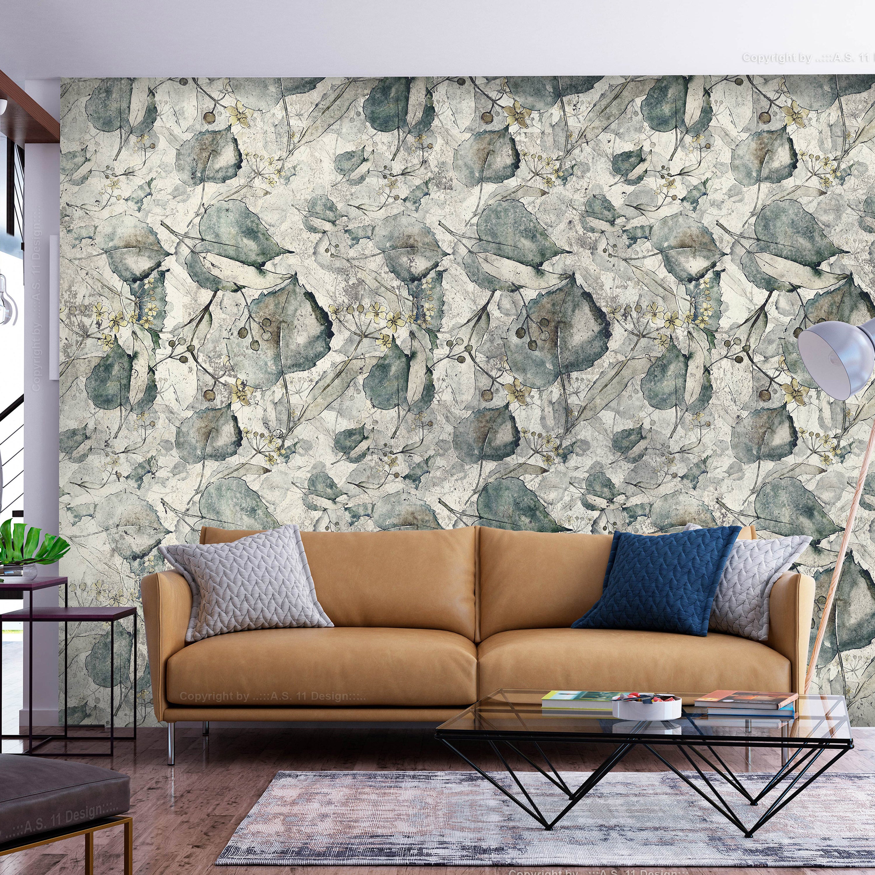 Wall Mural Grey Leaves Floral Pattern