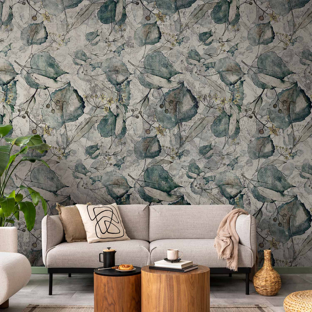 Wall Mural Grey Leaves Floral Pattern