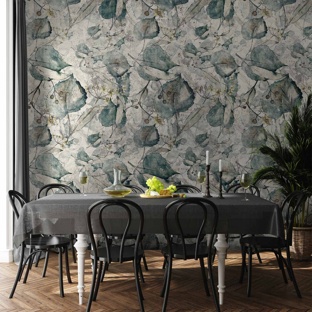 Cool Grey Autumn Leaves Floral Wall Mural
