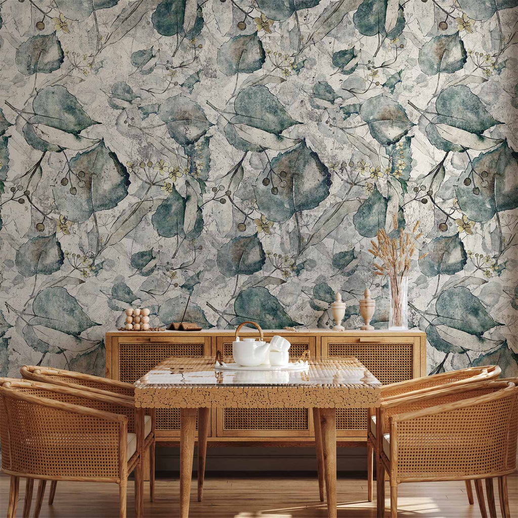 Wall Mural Grey Leaves Floral Pattern