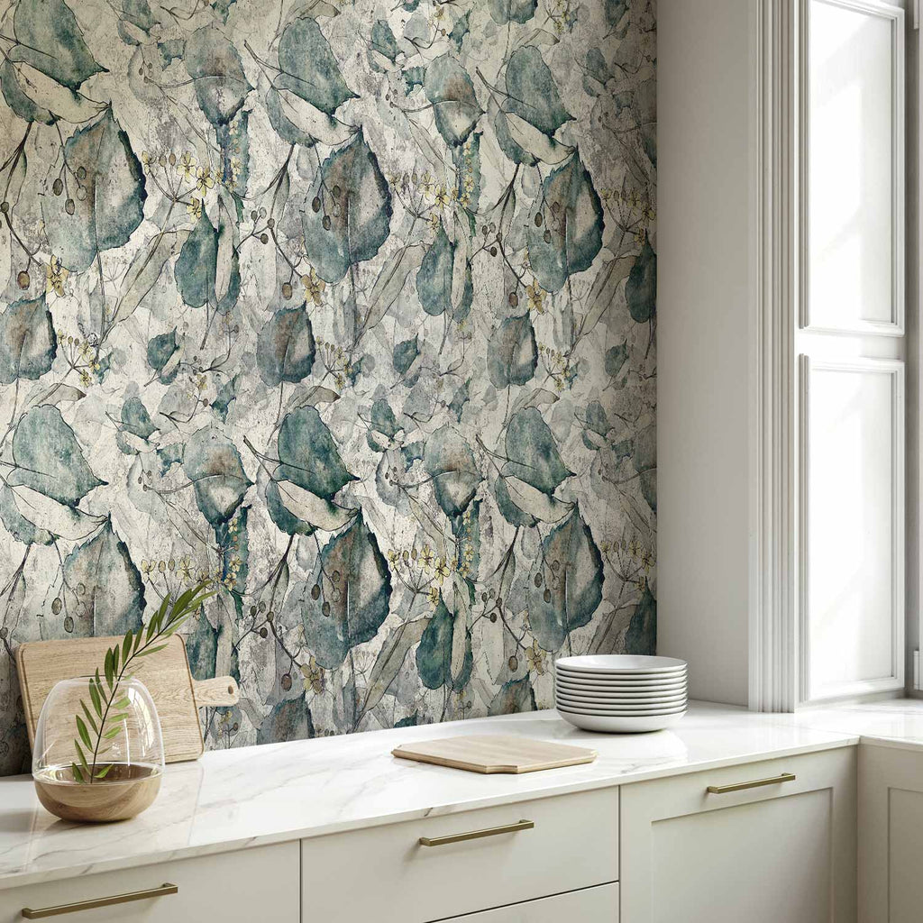 Cool Grey Autumn Leaves Floral Wall Mural