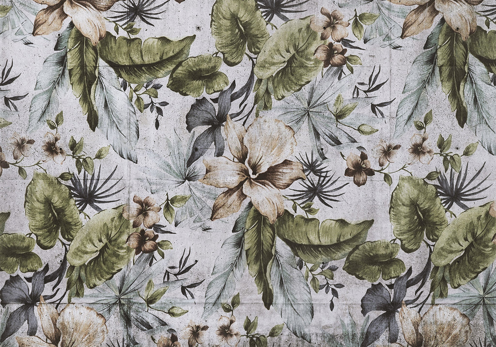 Wall Mural: Nature Jungle Leaves and Flowers in Retro Style