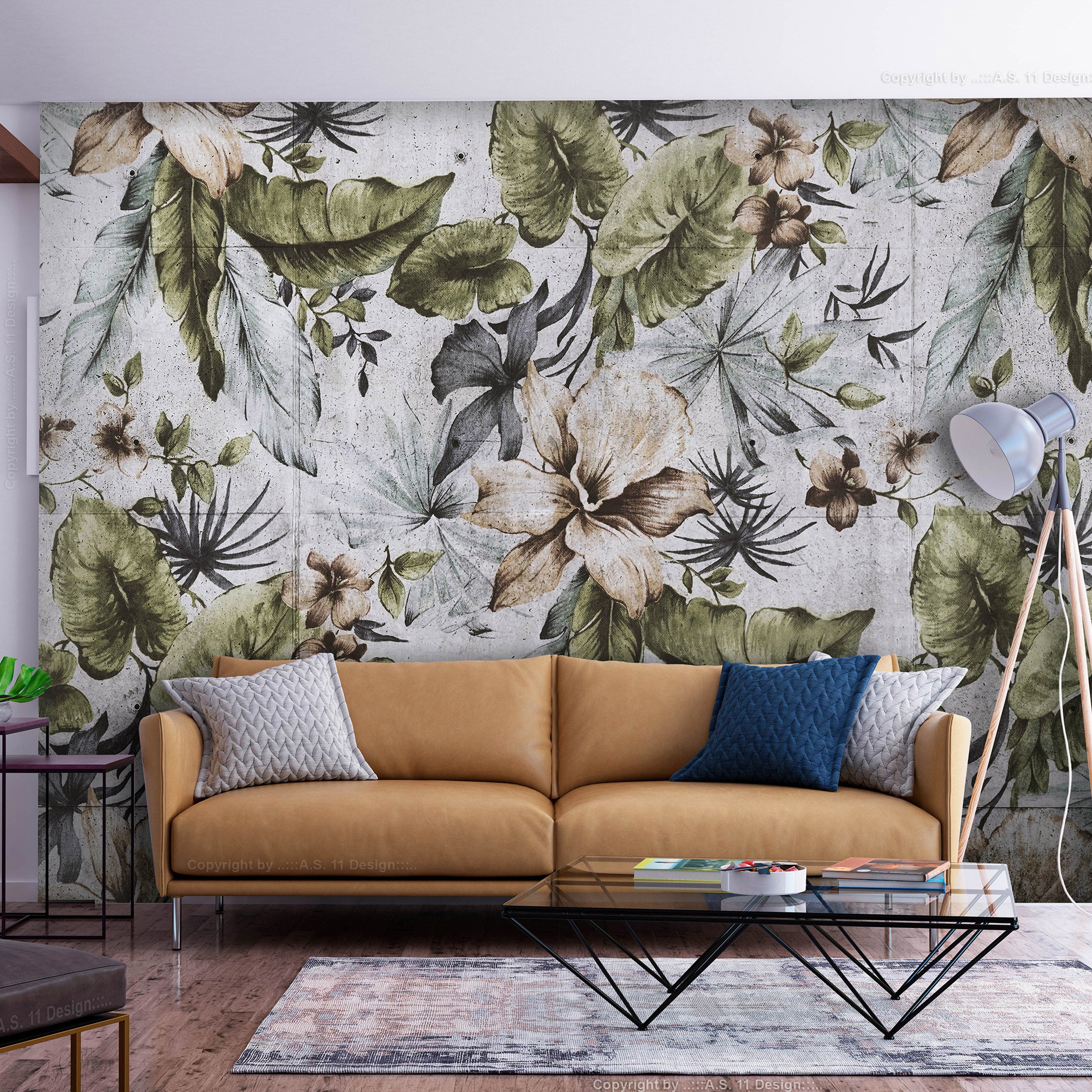 Wall Mural: Nature Jungle Leaves and Flowers in Retro Style