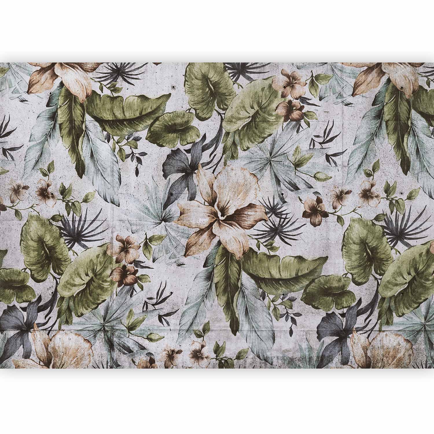 Wall Mural: Nature Jungle Leaves and Flowers in Retro Style