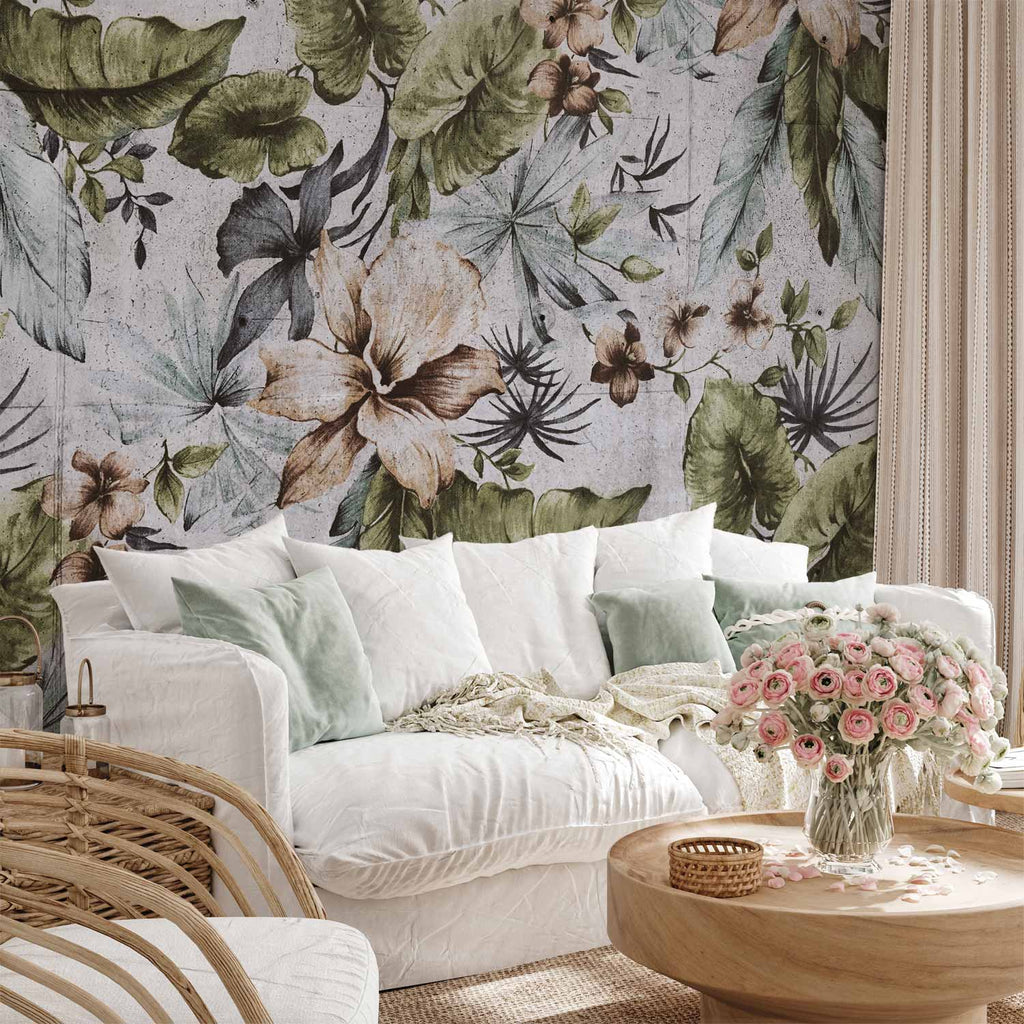 Wall Mural: Nature Jungle Leaves and Flowers in Retro Style