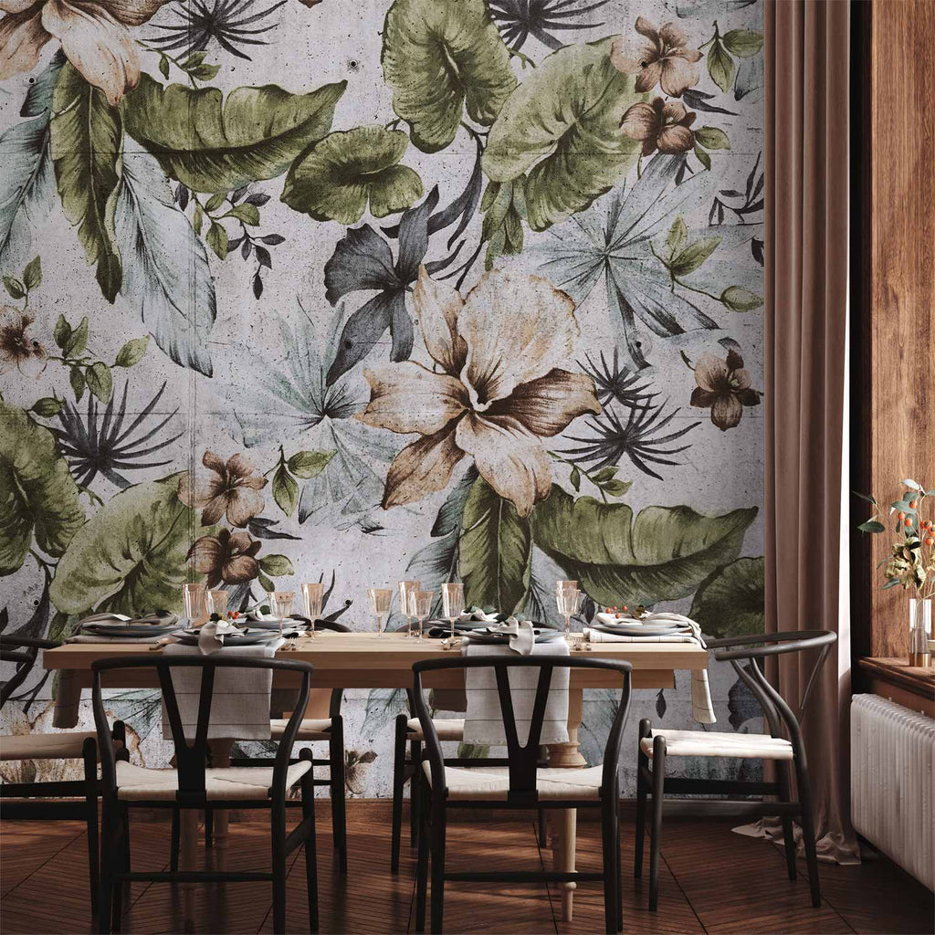 Wall Mural: Nature Jungle Leaves and Flowers in Retro Style