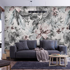Wall Mural Leaves and Flowers in Grey Tones