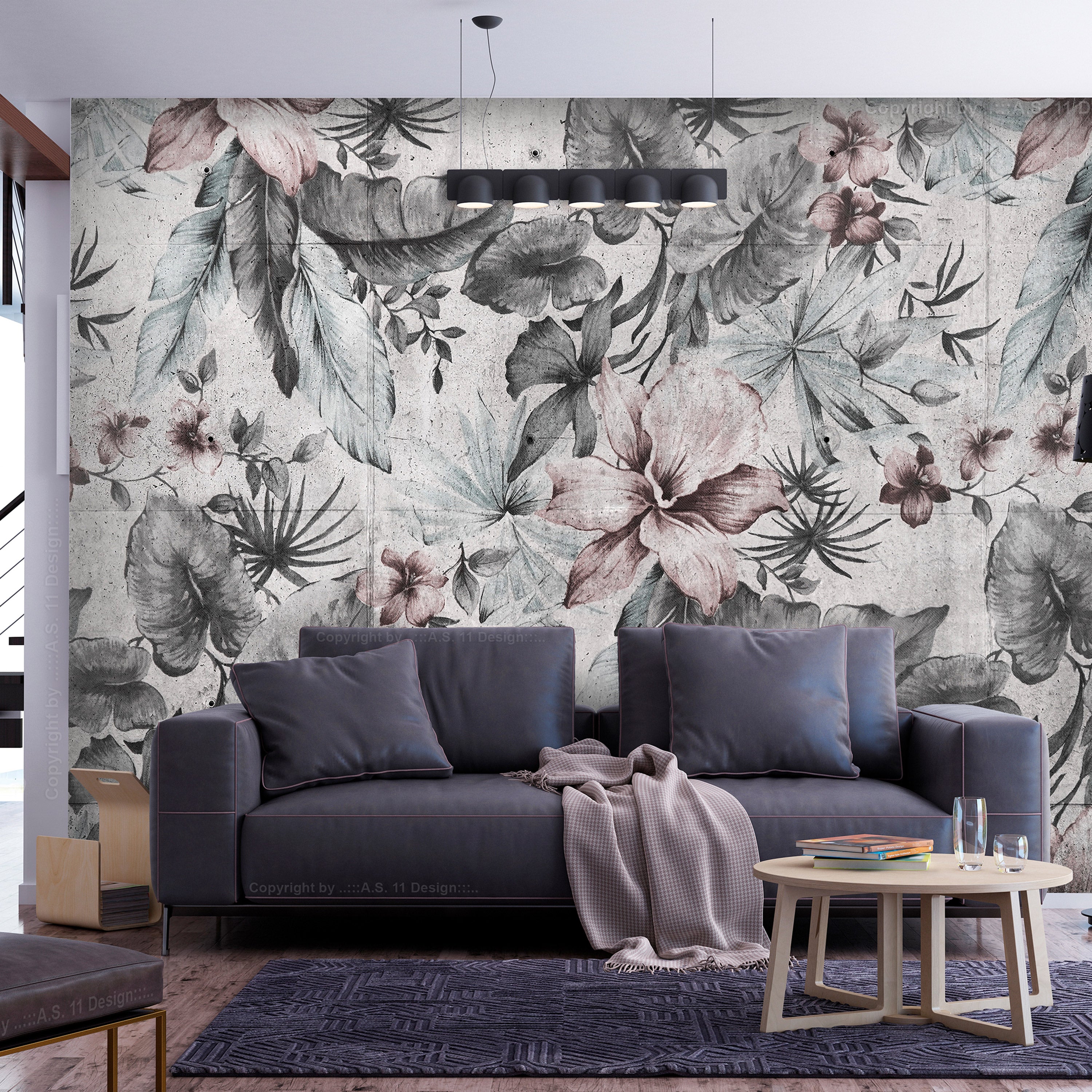 Wall Mural Leaves and Flowers in Grey Tones