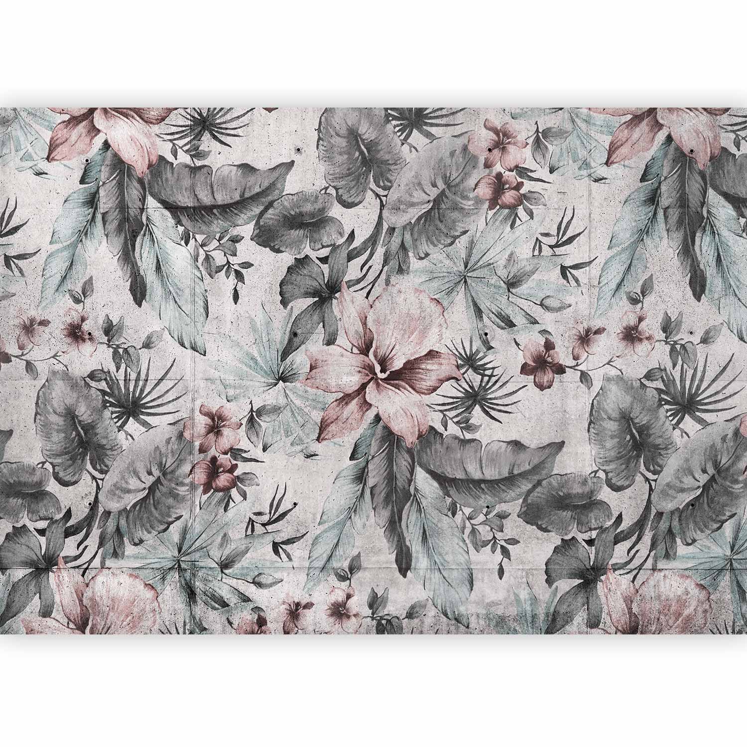 Wall Mural Leaves and Flowers in Grey Tones