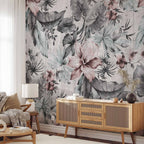 Wall Mural Leaves and Flowers in Grey Tones