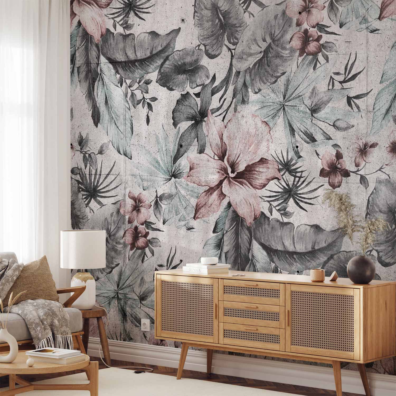 Wall Mural Leaves and Flowers in Grey Tones