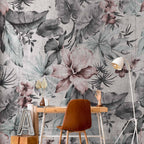 Retro Grey Botanical Landscape Wall Mural