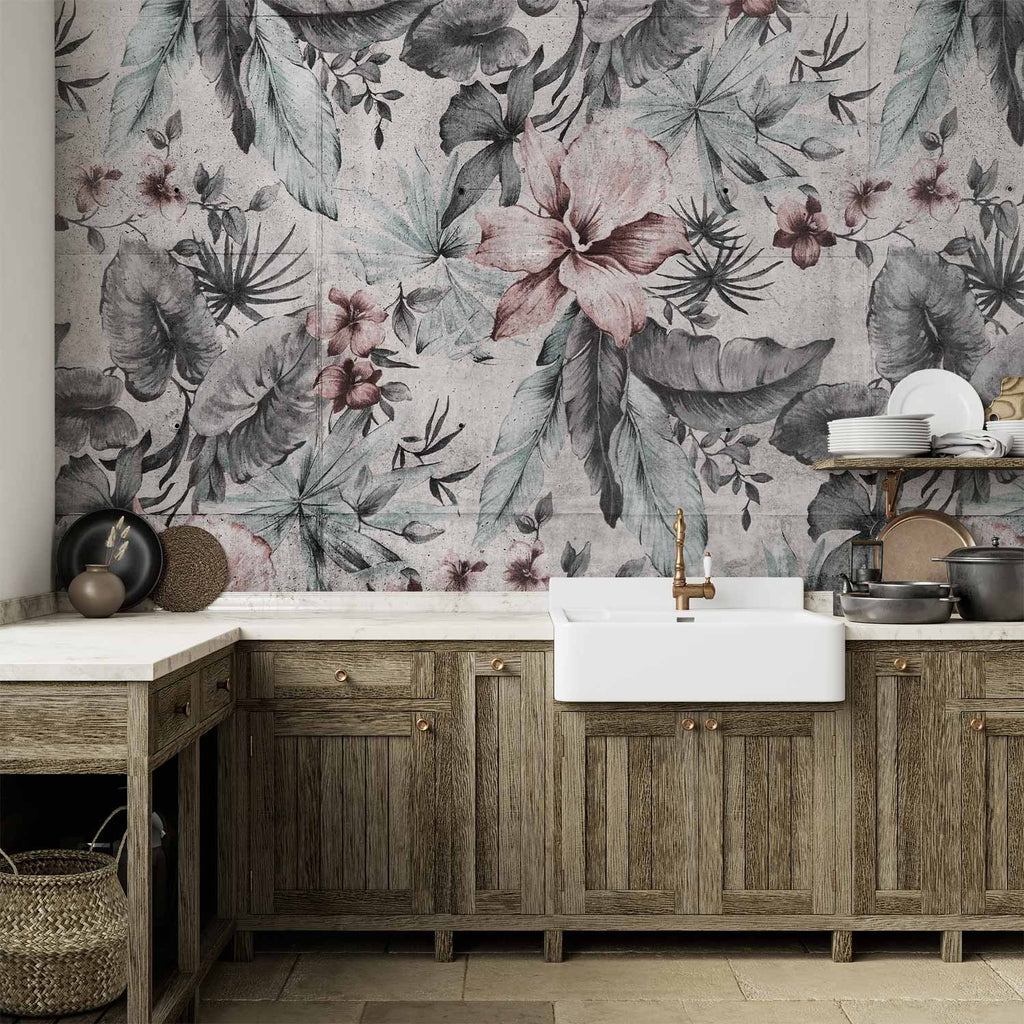 Wall Mural Leaves and Flowers in Grey Tones