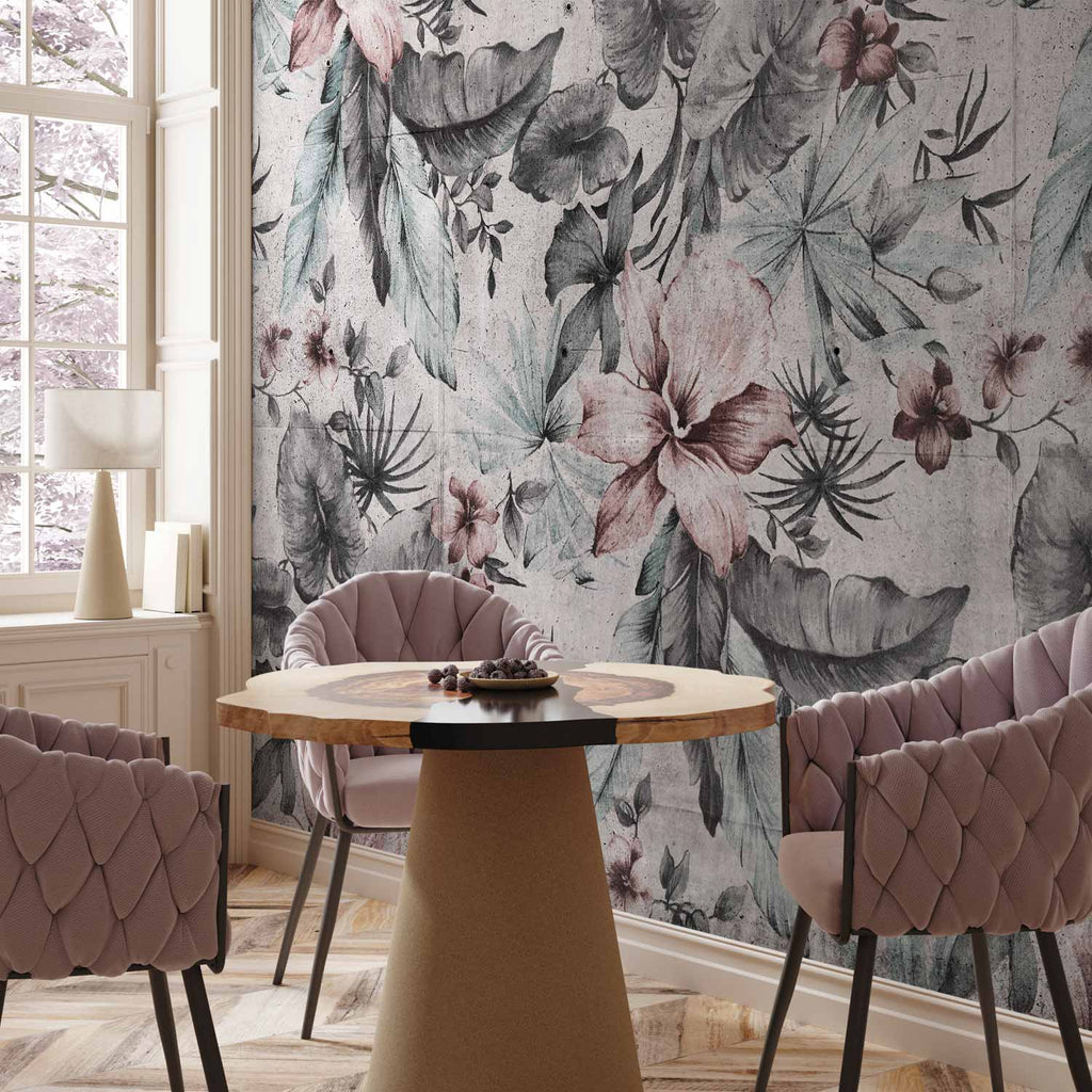 Retro Grey Botanical Landscape Wall Mural