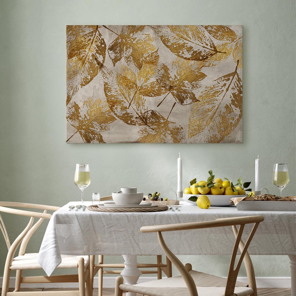 Gold Mosaic Leaves Wide Canvas Print
