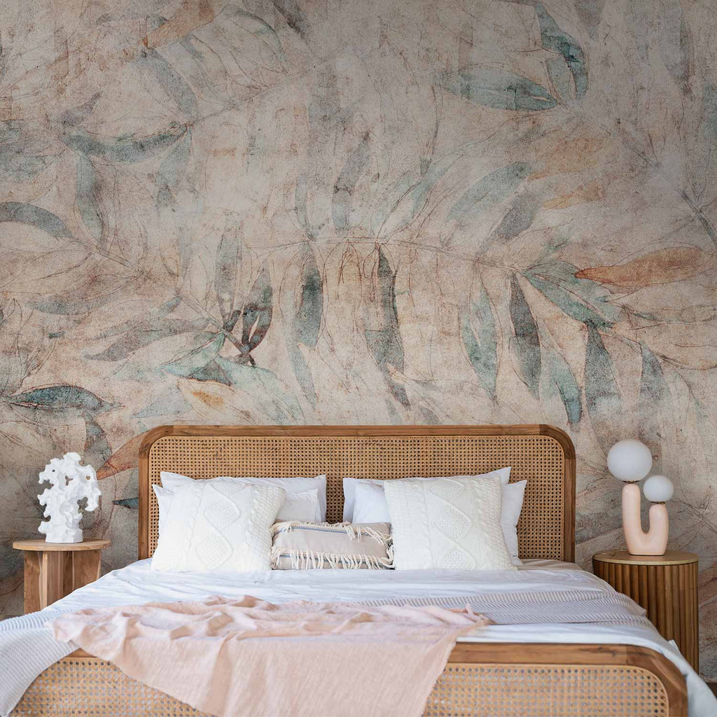 Greek Laurel Leaves Faded Beige Wall Mural