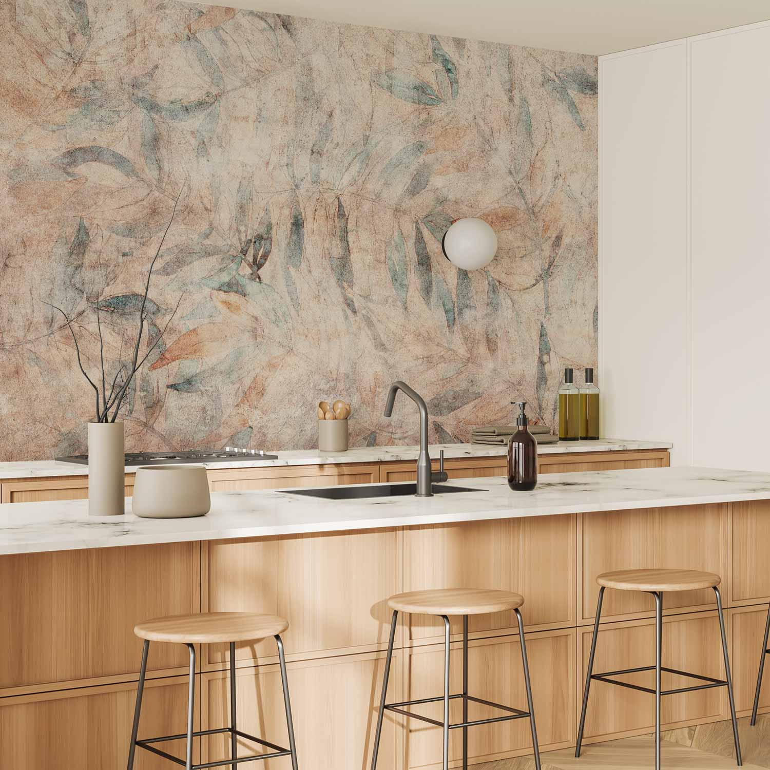 Greek Laurel Leaves Faded Beige Wall Mural