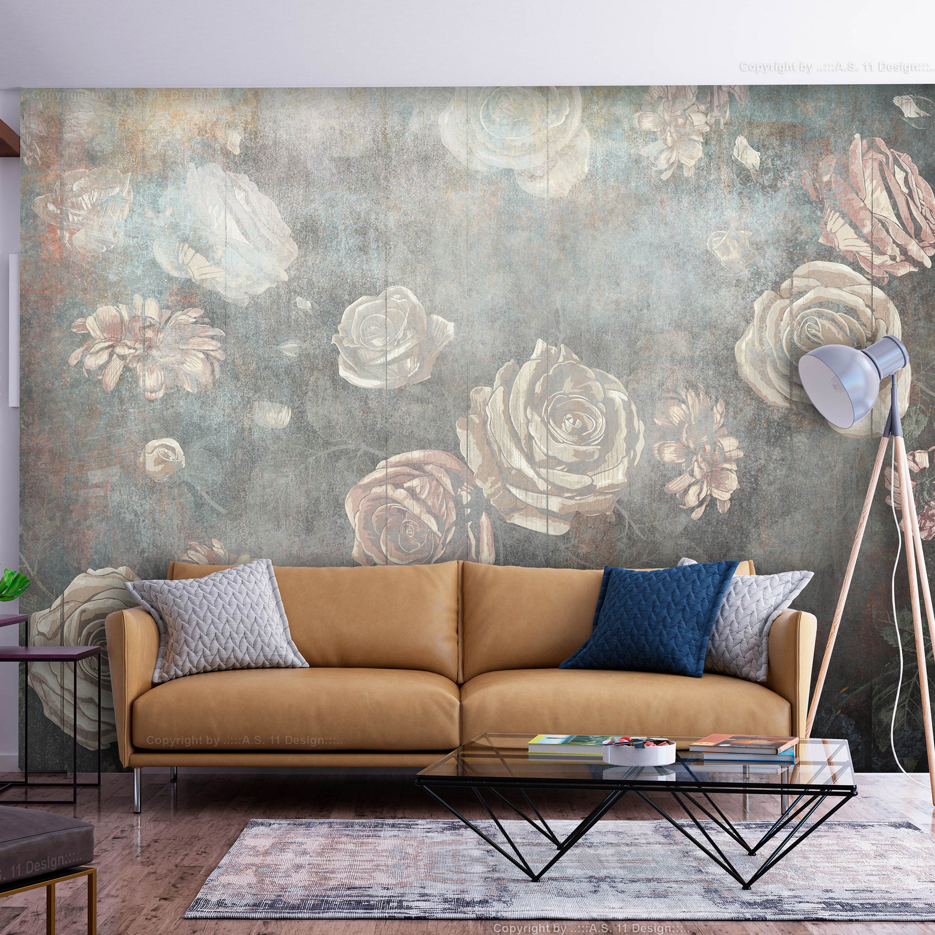 Wall Mural - Misty Nature - Muted Rose Flowers on Grey
