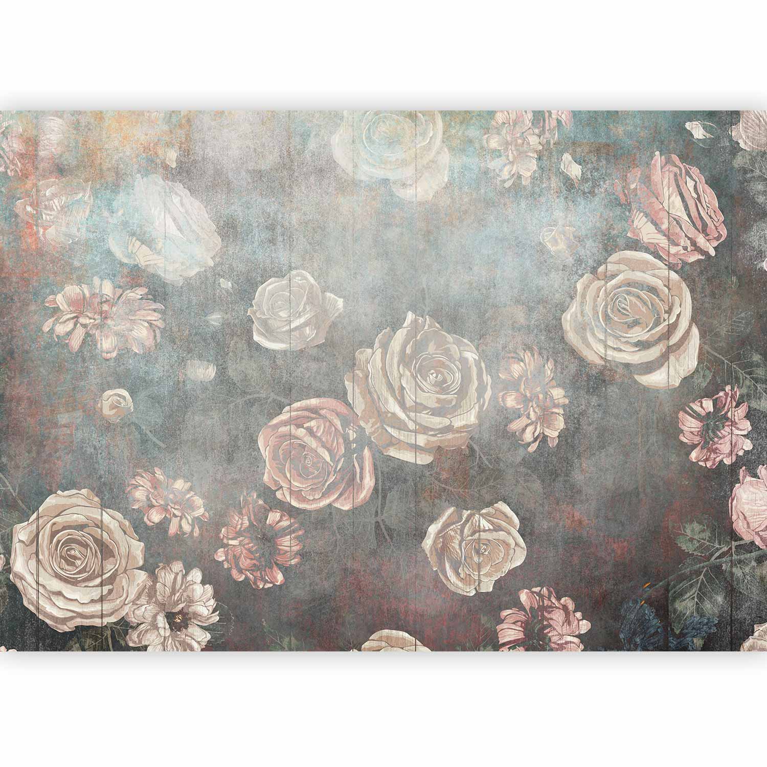 Wall Mural - Misty Nature - Muted Rose Flowers on Grey