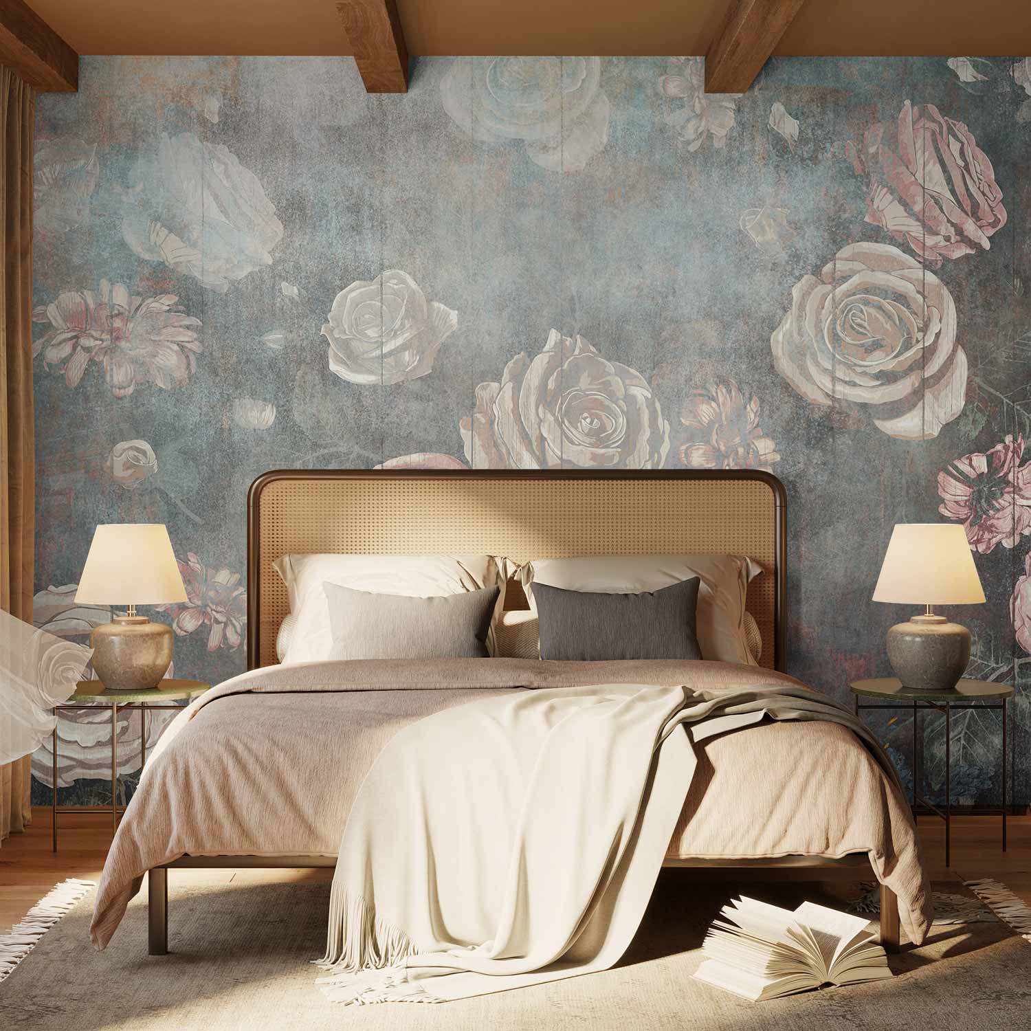 Misty Muted Rose Flowers Grey Wall Mural