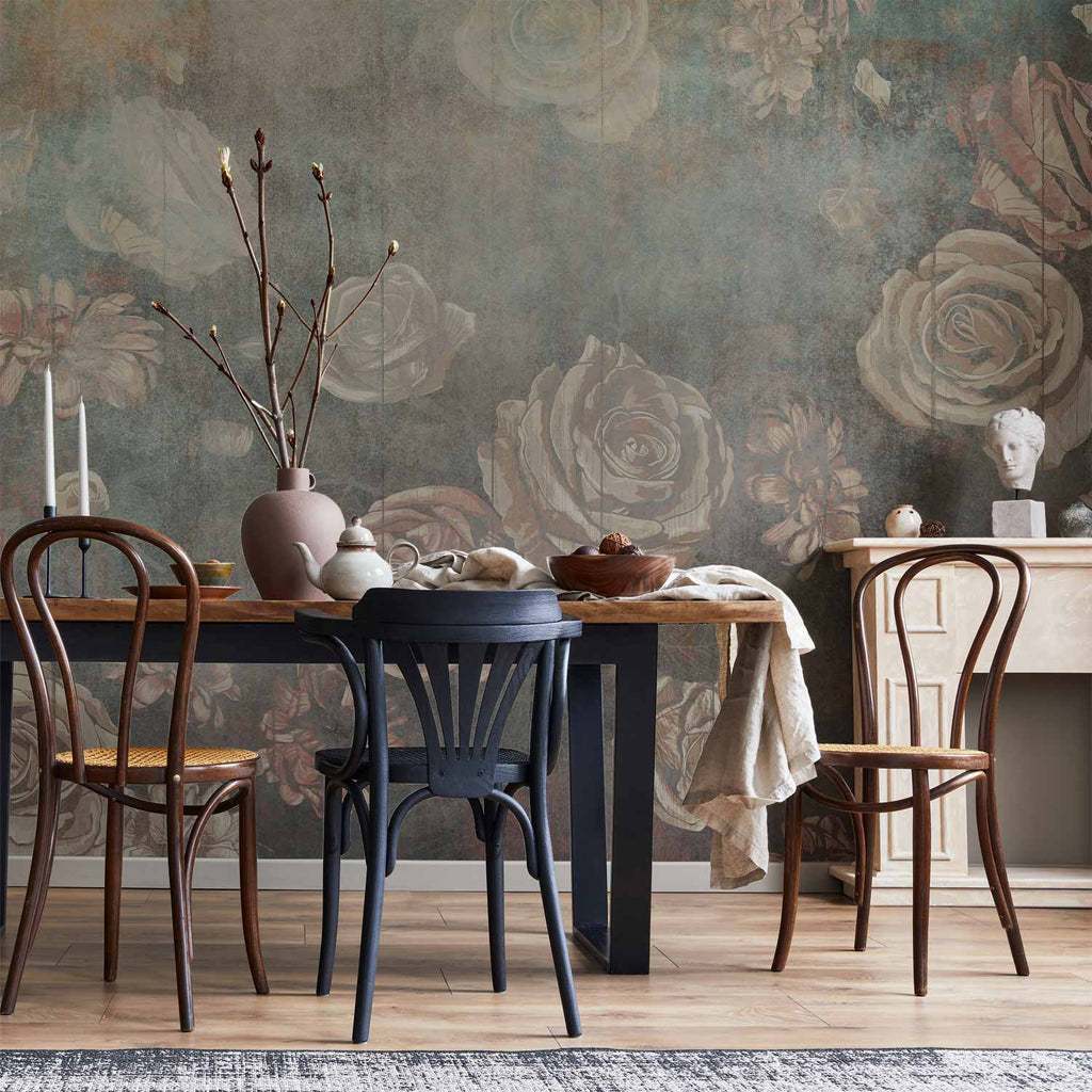 Wandbild – Nebelige Natur – Gedämpfte Rosenblüten auf Grau