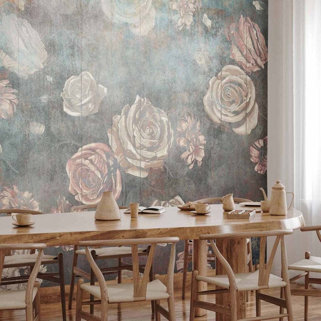 Misty Muted Rose Flowers Grey Wall Mural