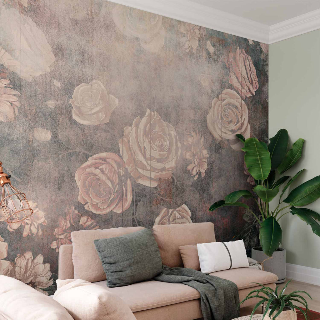 Wandbild „Nebelige Natur: Orangefarbene Blüten auf strukturiertem Hintergrund“