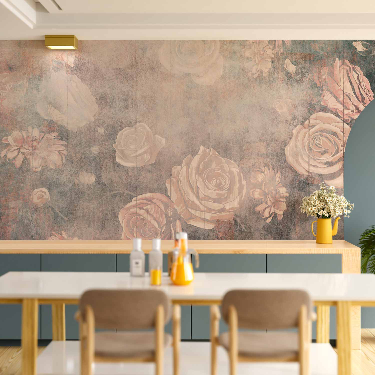 Wandbild „Nebelige Natur: Orangefarbene Blüten auf strukturiertem Hintergrund“