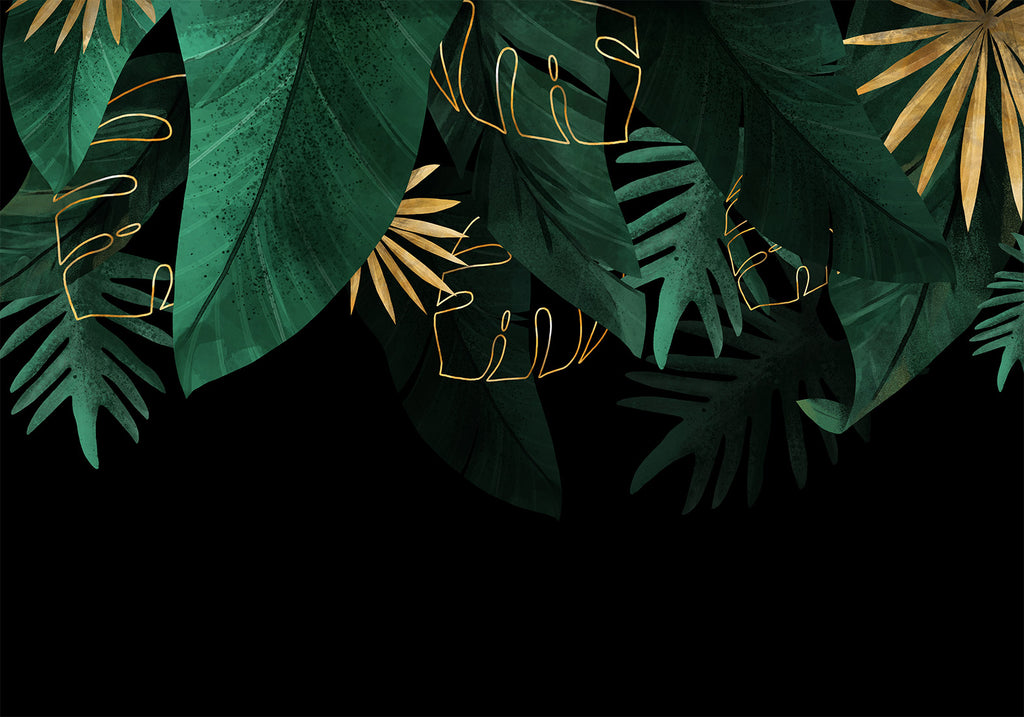 Wall Mural Jungle Leaves - Green & Gold on Black
