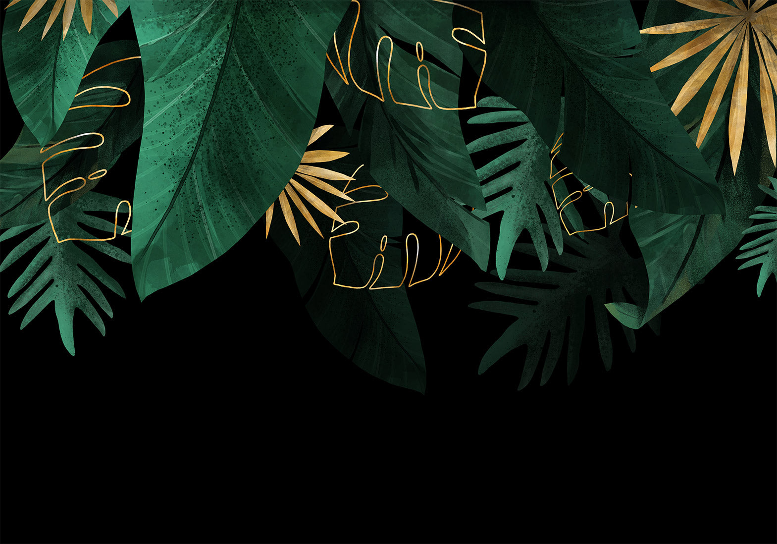Wall Mural Jungle Leaves - Green & Gold on Black