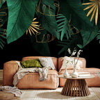 Wall Mural Jungle Leaves - Green & Gold on Black