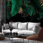 Wall Mural Jungle Leaves - Green & Gold on Black