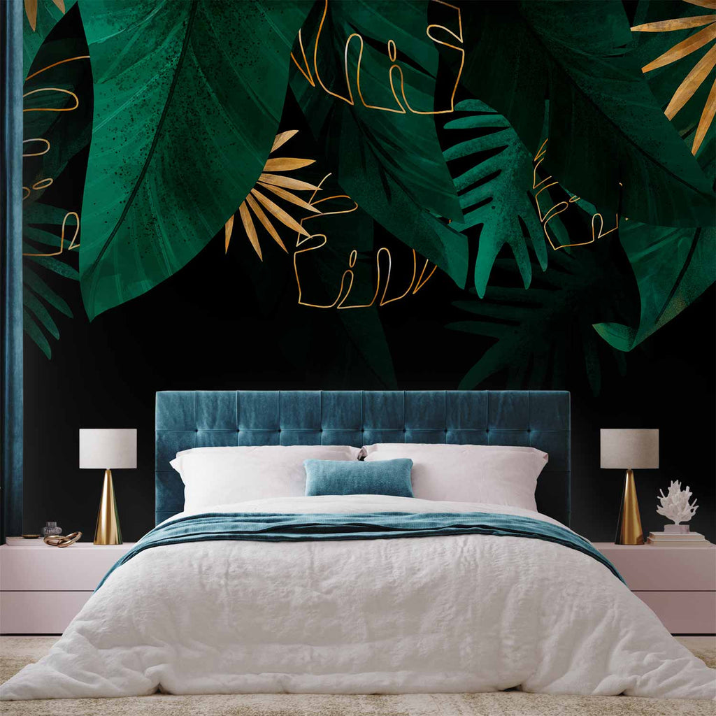 Jungle Green and Gold Leaves Black Wall Mural