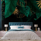 Jungle Green and Gold Leaves Black Wall Mural
