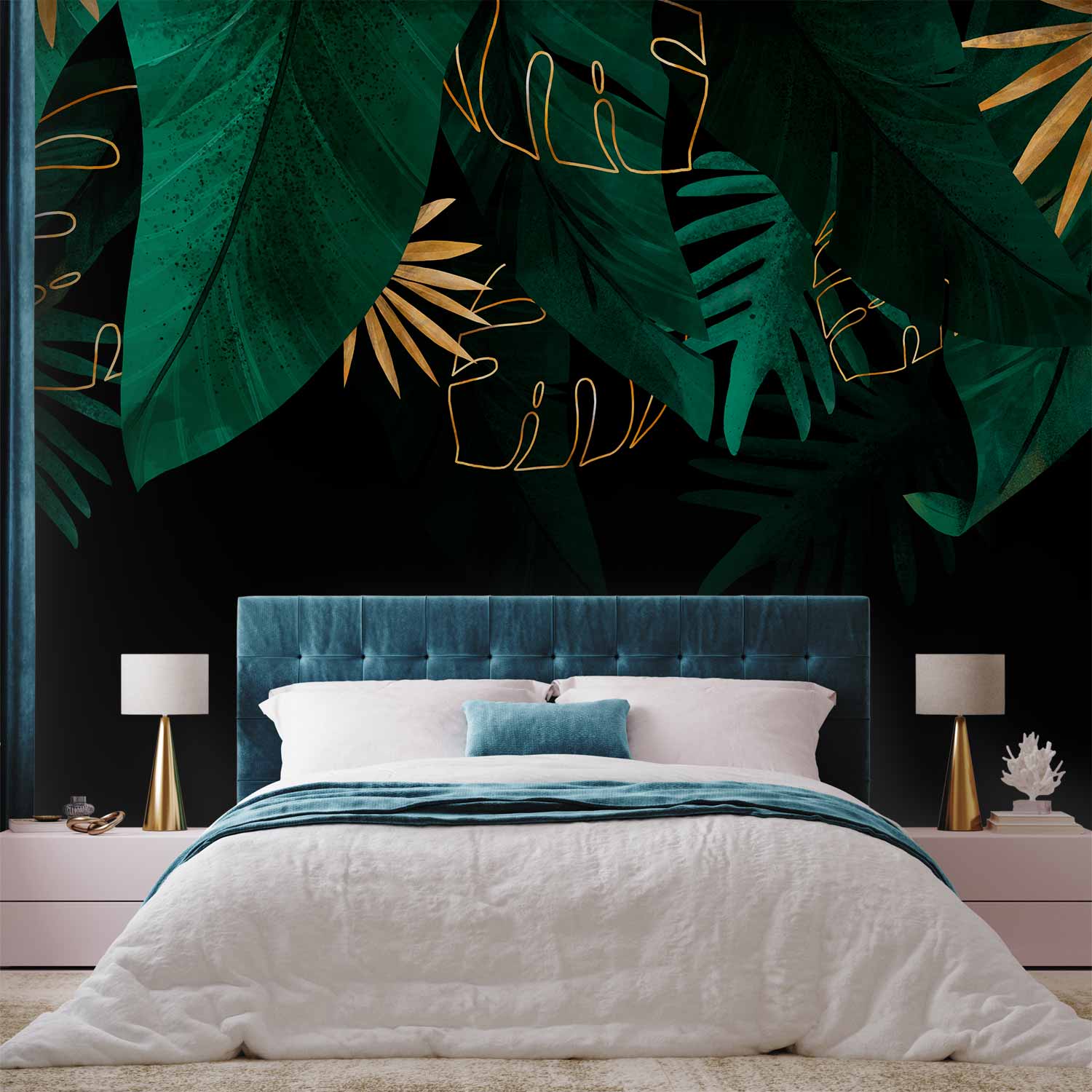 Jungle Green and Gold Leaves Black Wall Mural