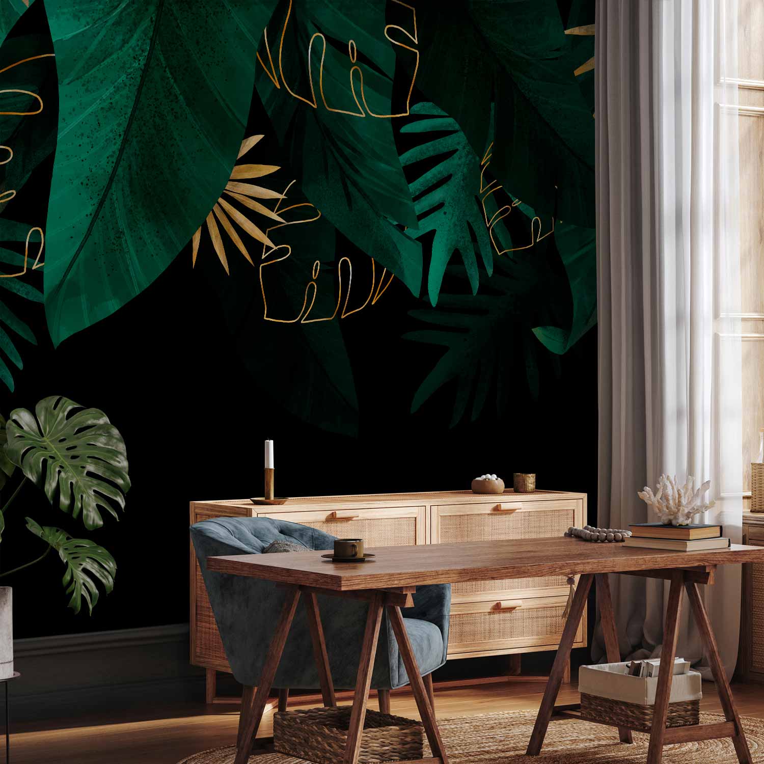 Jungle Green and Gold Leaves Black Wall Mural