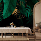 Wall Mural Jungle Leaves - Green & Gold on Black