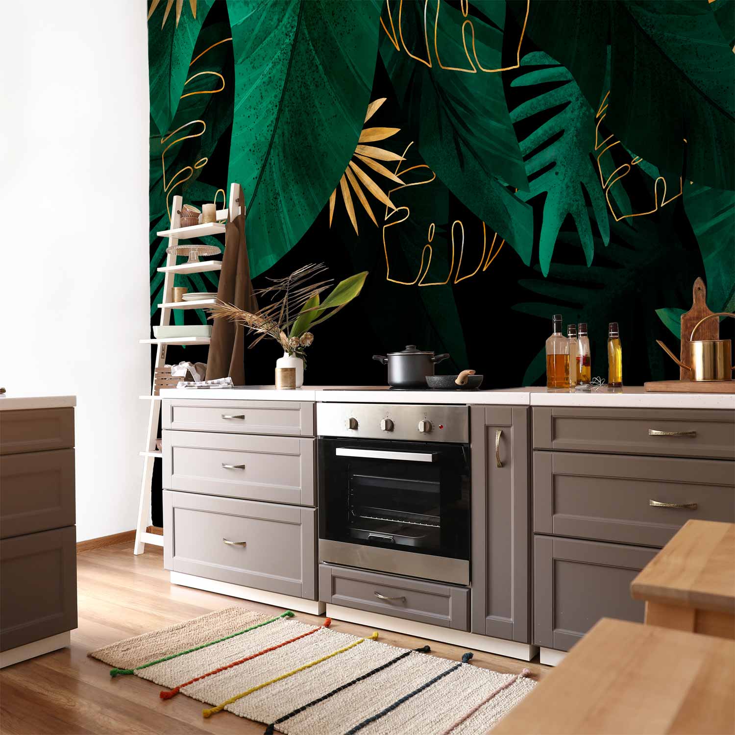 Jungle Green and Gold Leaves Black Wall Mural