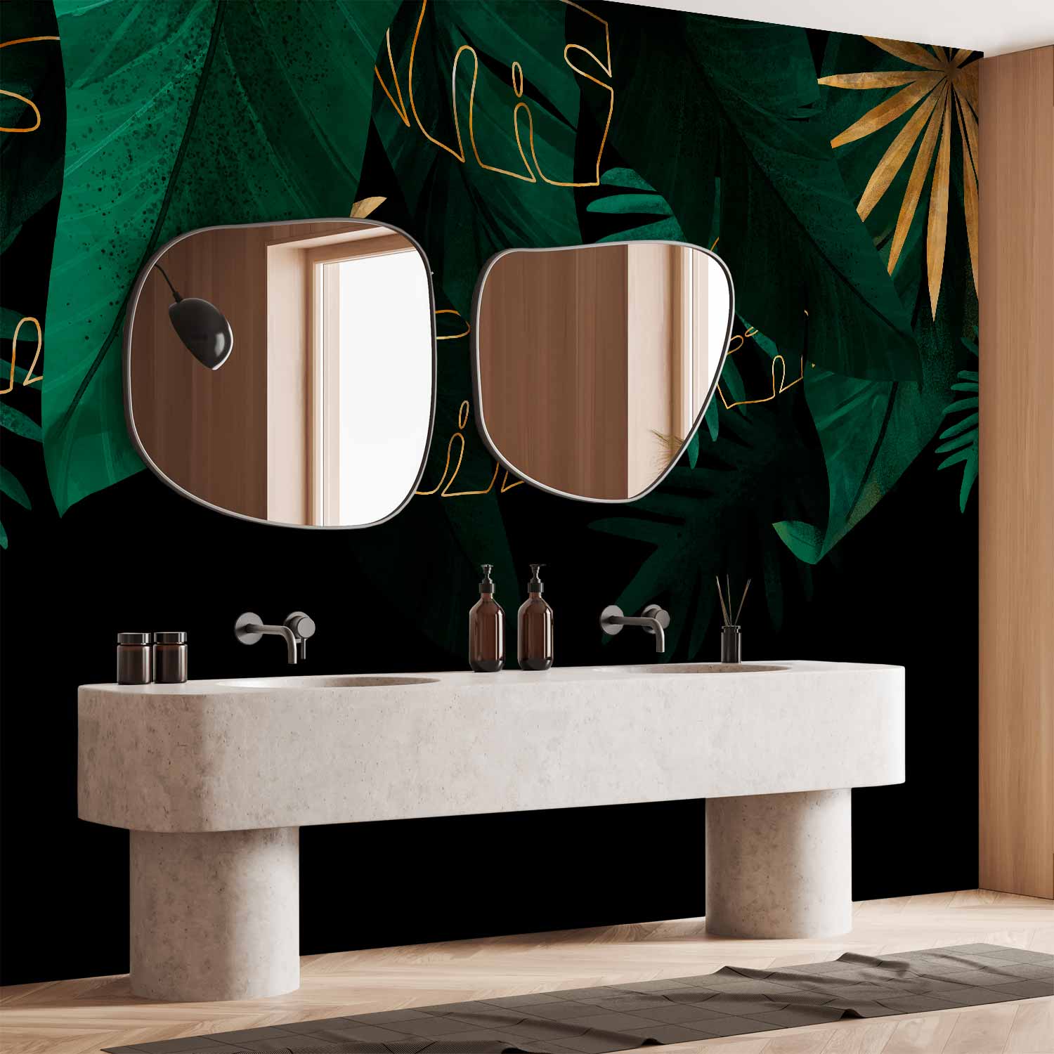 Jungle Green and Gold Leaves Black Wall Mural