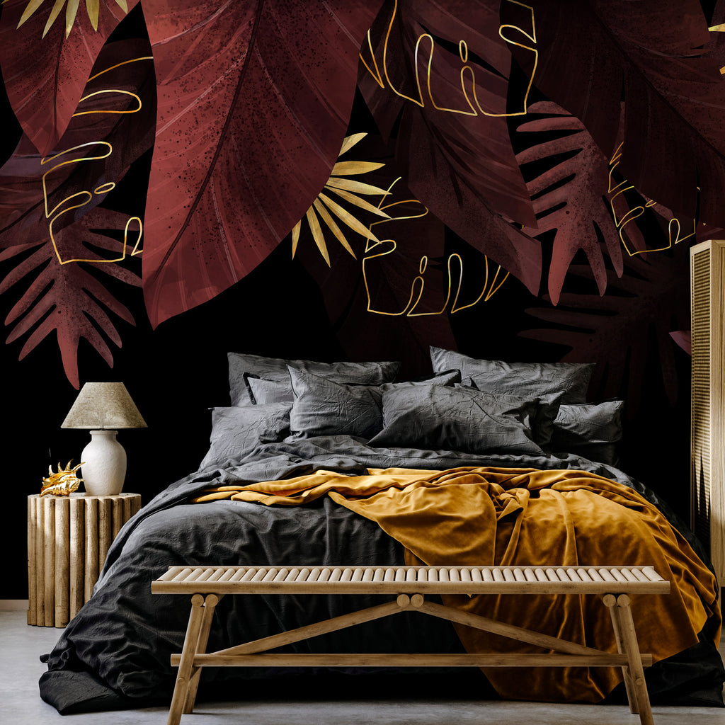 Wall mural jungle and composition with red and gold leaf on black background