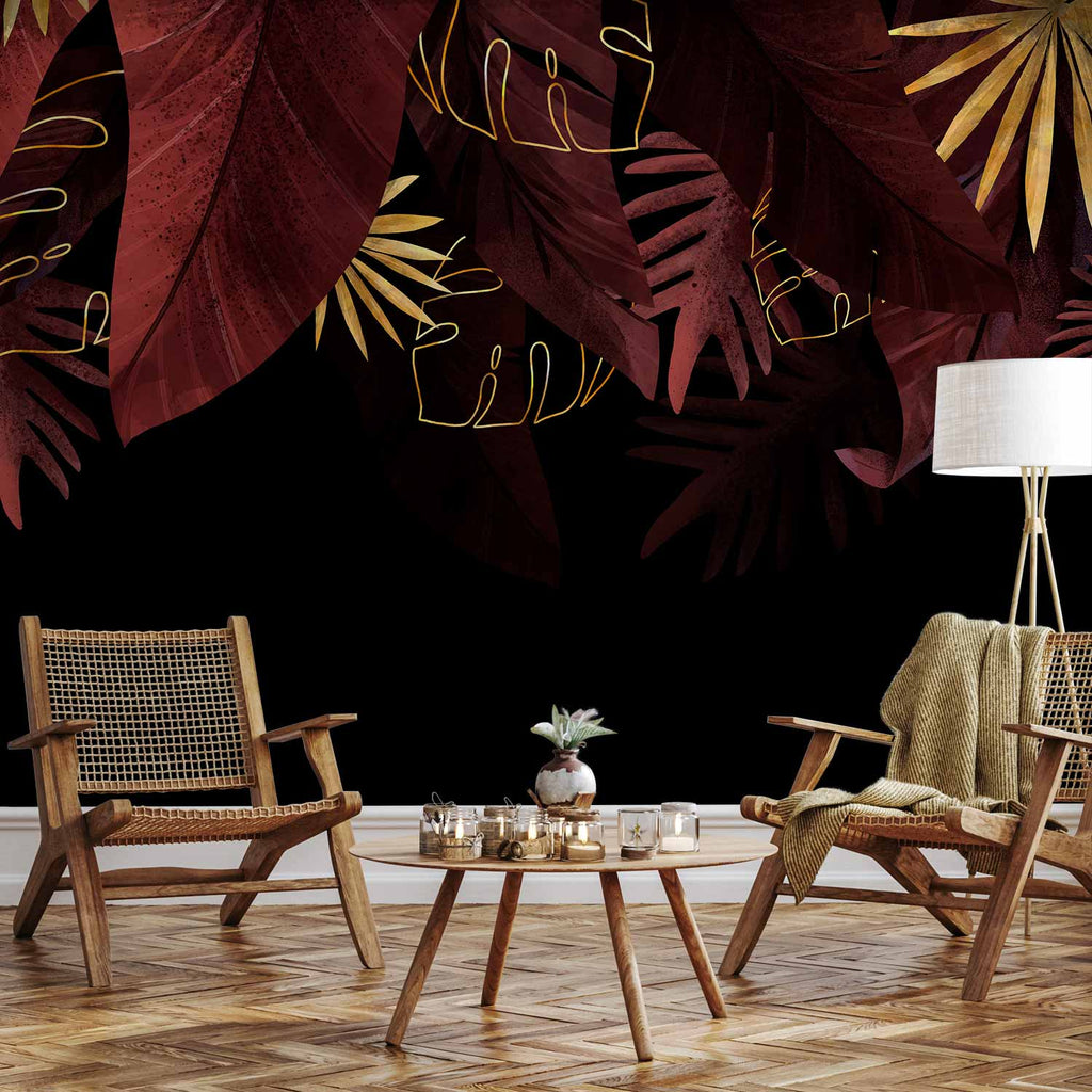 Wall mural jungle and composition with red and gold leaf on black background
