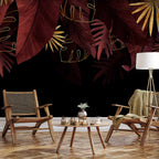 Wall mural jungle and composition with red and gold leaf on black background